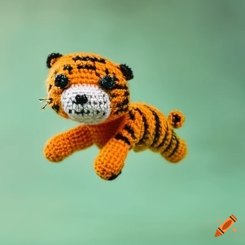 Cute puffy tiger jumping in vintage amigurumi style
