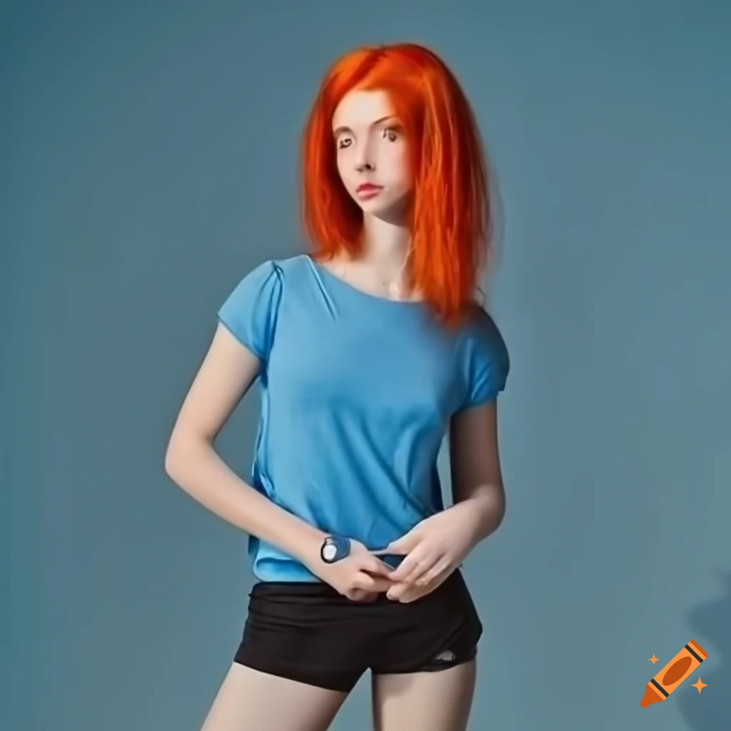 Girl with red short hair in black shorts and blue t-shirt