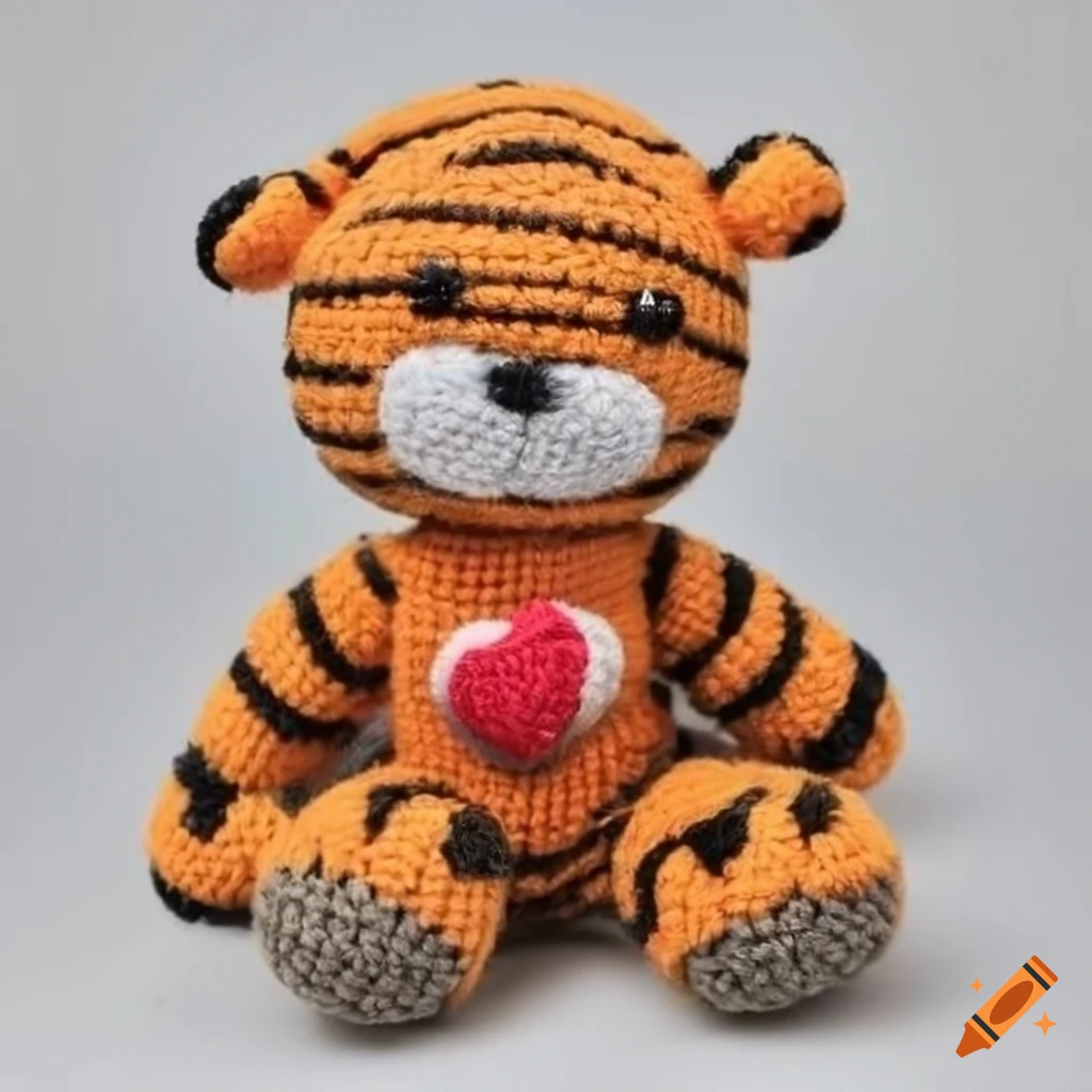 Fluffy Hobbes peluche vintage amigurumi soft toy plush with heart on colorful concrete background