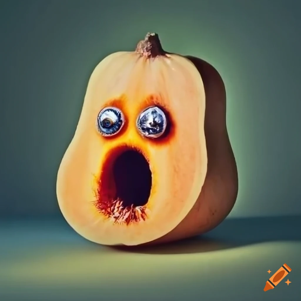 Personified butternut squash with eyes and a wig screaming on Craiyon