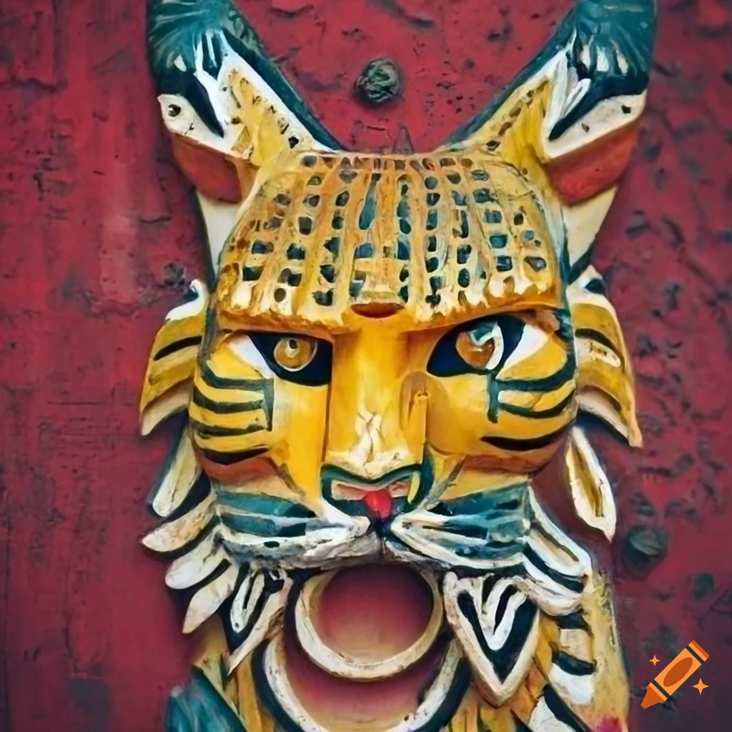 Yellow bobcat on a red concrete background in Bali primitive art style