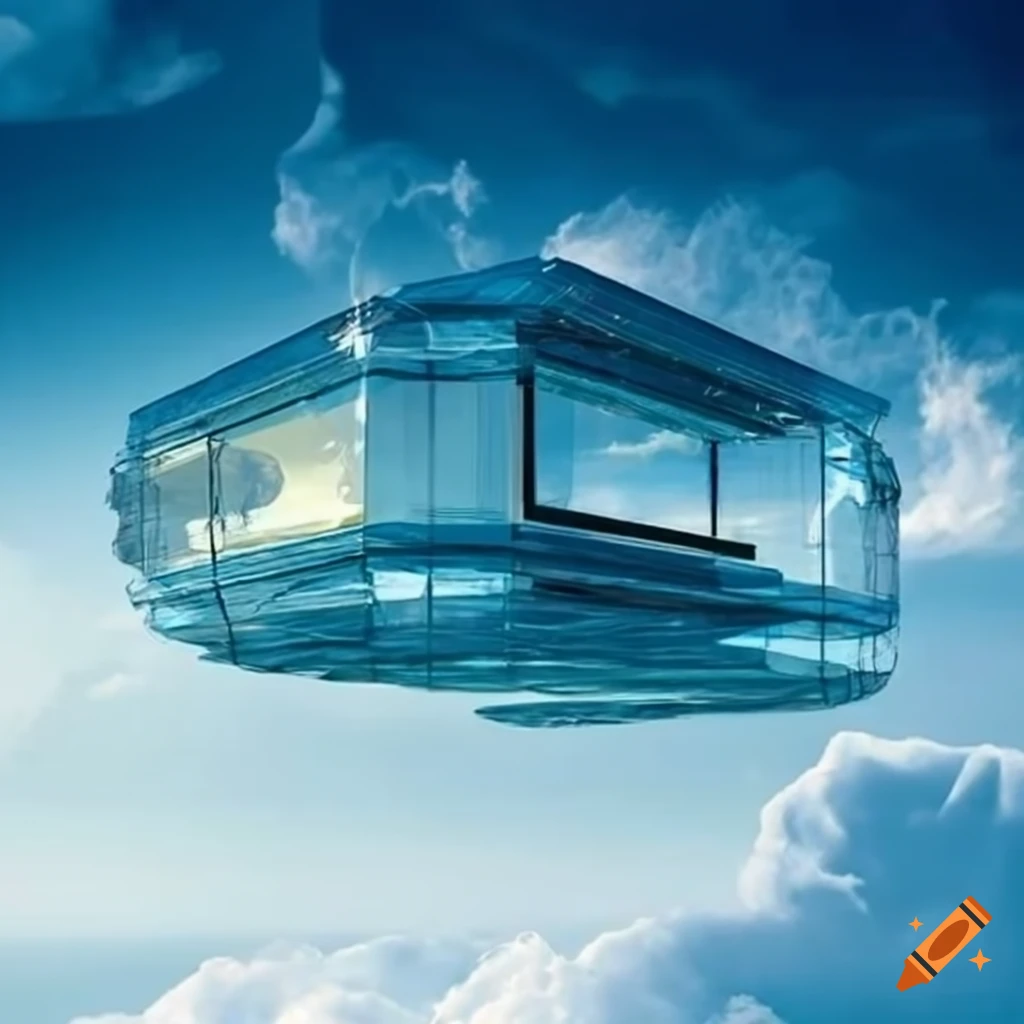 Futuristic glass house floating in the cloudy sky on Craiyon
