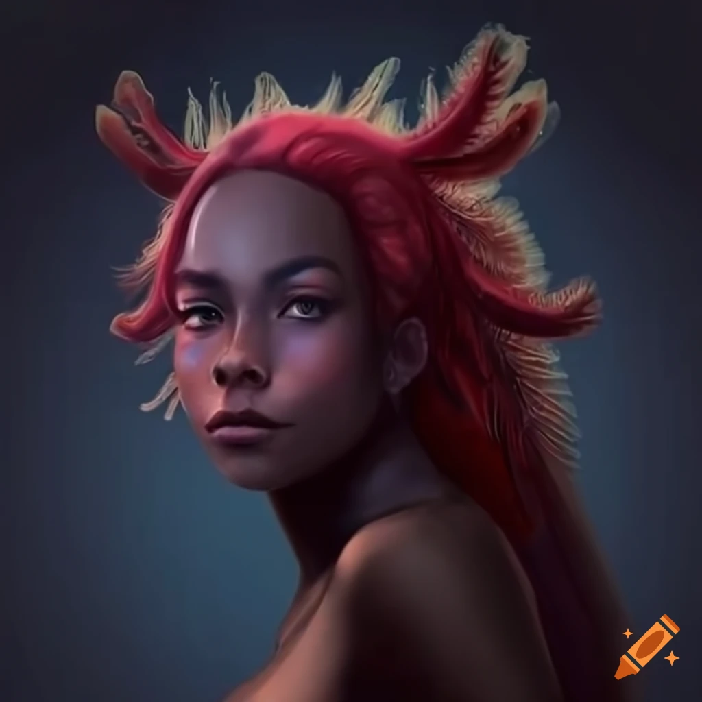 Woman with axolotl gill branches and dark black skin