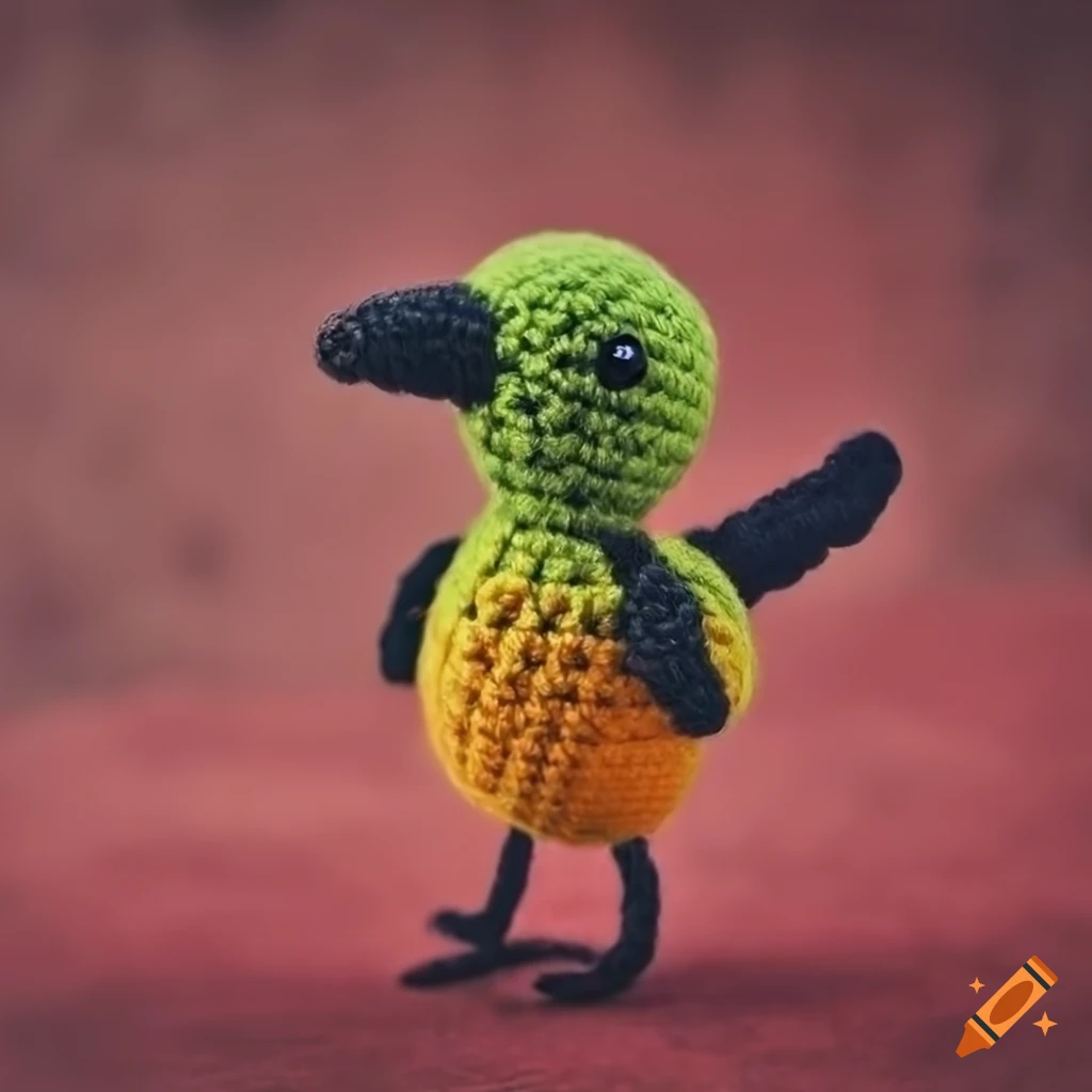 Cute Black-headed oriole bird amigurumi doll on a waxed raw cement background