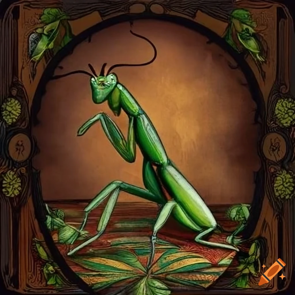 Antique style praying mantis on a tarot card border with plants
