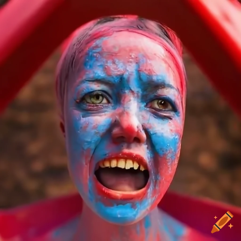 Woman with blue skin and red pimples crying on a playground slide