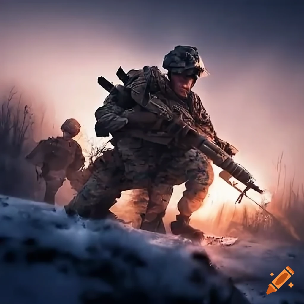 Five marines in a wintery battlefield with destroyed tanks, drones, and helicopters