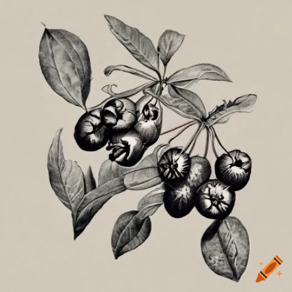 Detailed vintage botanical illustration of Aronia plant flowers in 18th century style