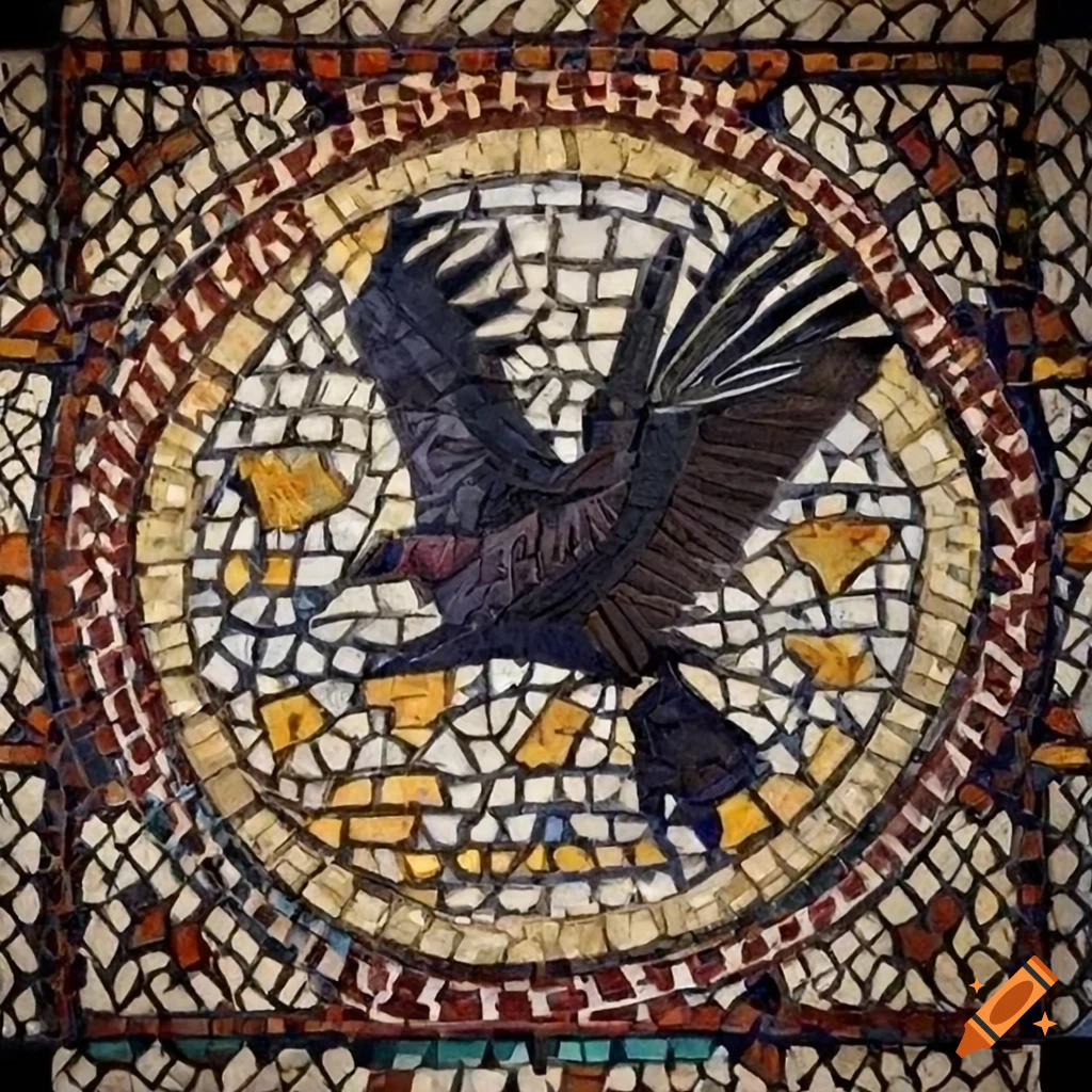 Intricately designed church mosaic with a flying crow