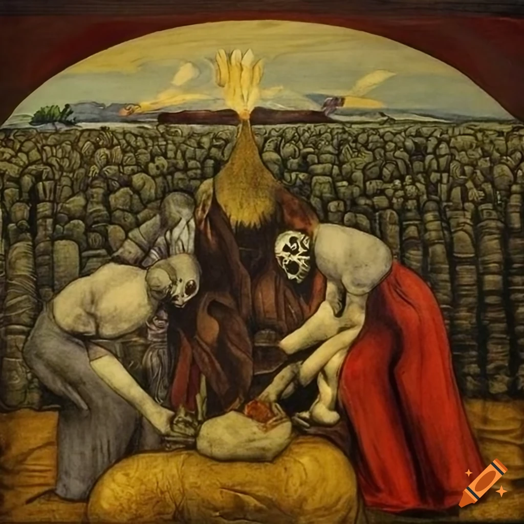 Santa Muerte Voodoo Loa figures harvesting a cornfield in a panoramic view