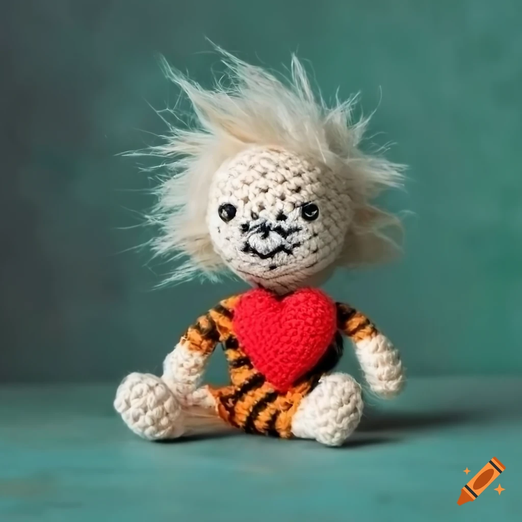 Fluffy Calvin peluche vintage amigurumi with a big red heart on a green concrete background