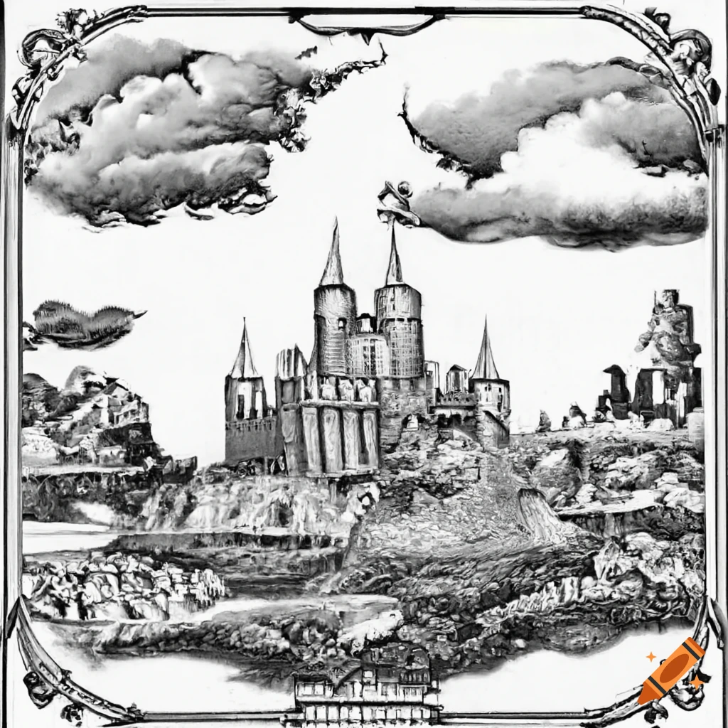 Black and white medieval fortress by the river in a pencil drawing ...