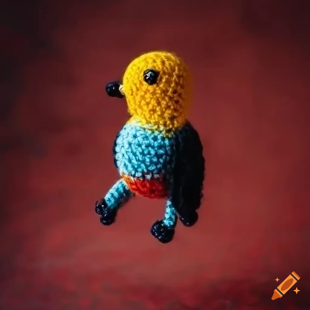 Cute Black-headed oriole bird amigurumi doll plush on red blue concrete background