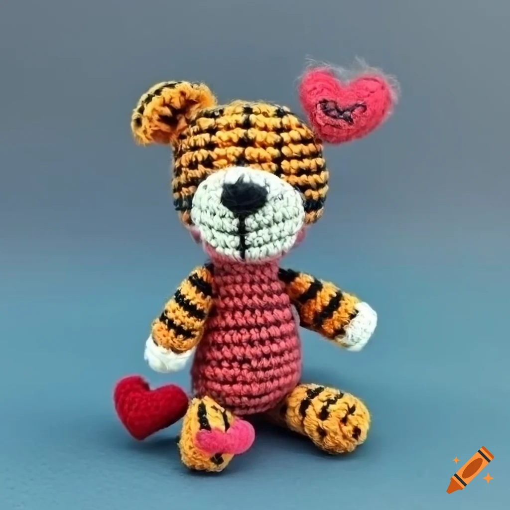 Fluffy Hobbes peluche vintage amigurumi soft toy plush with heart on colorful concrete background