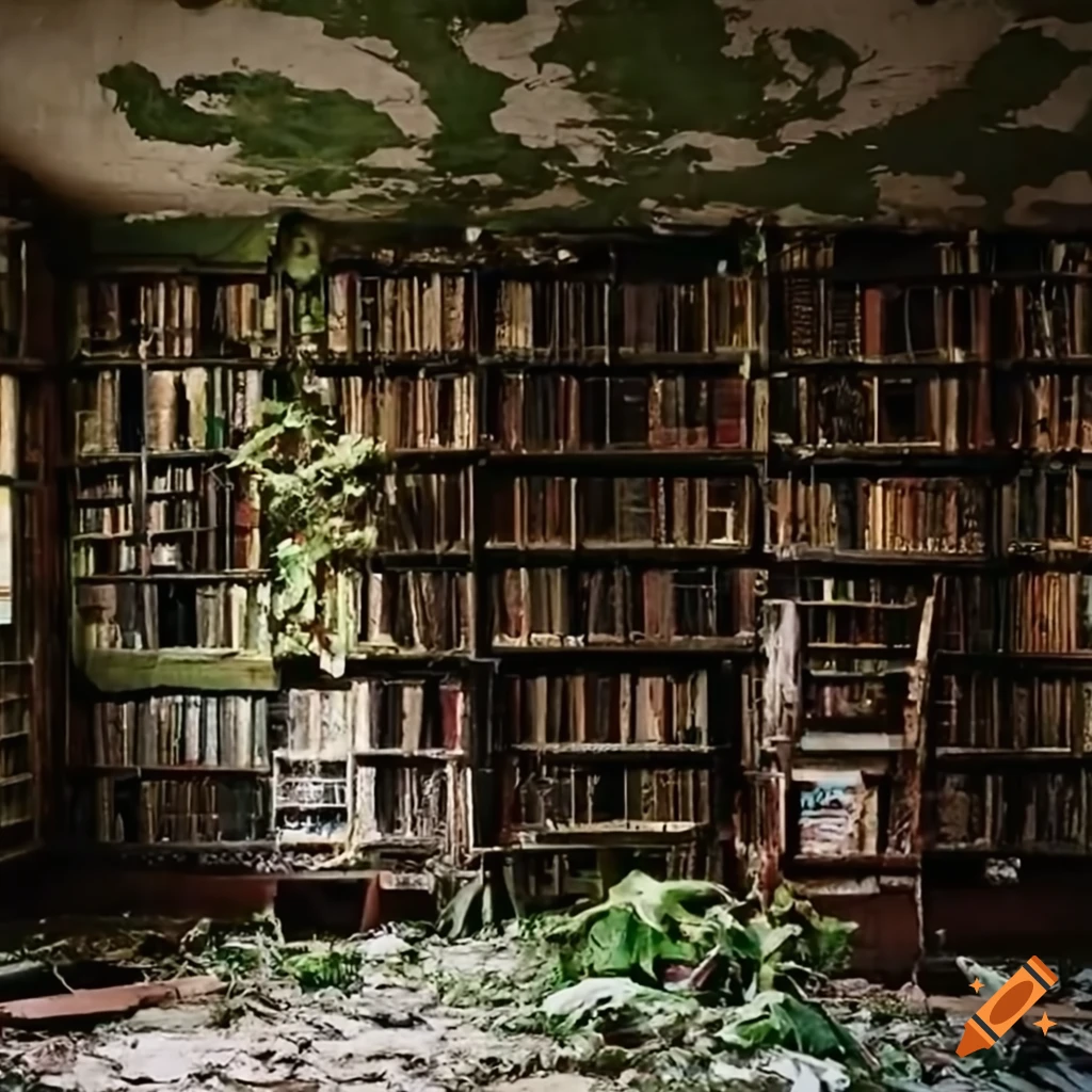 Ruined and overgrown library at the end of the world