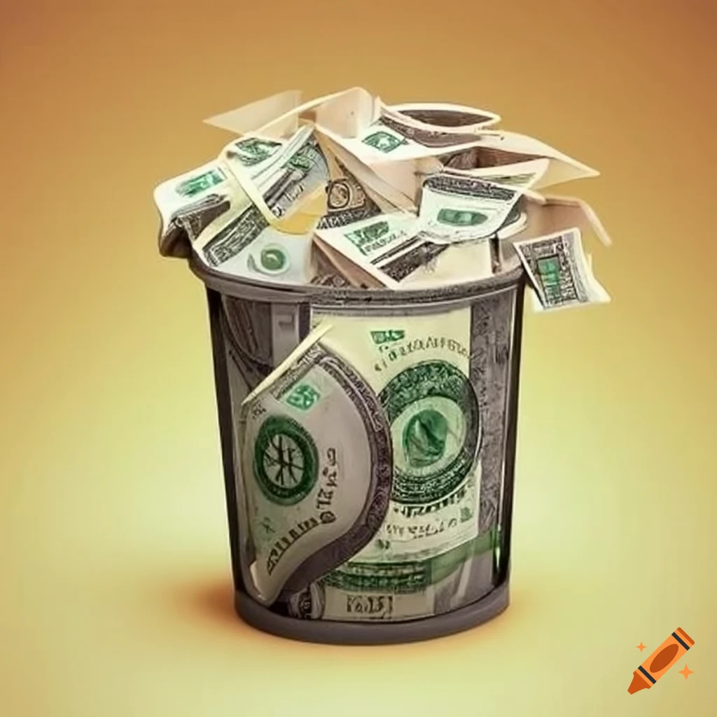 Trash bin filled with money