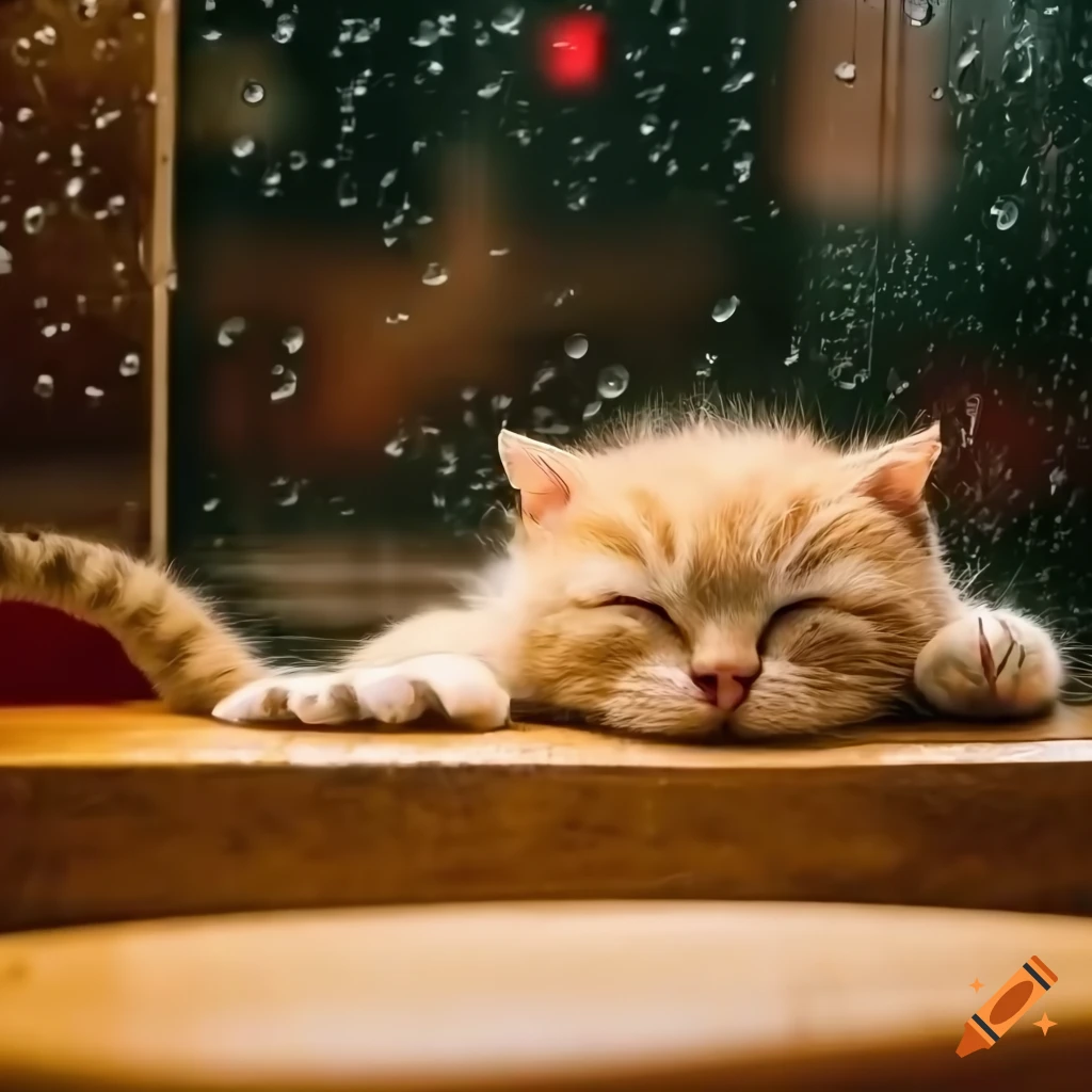 Sleeping baby cat in a jazzy cafe with rain outside and a warm dieselpunk city view