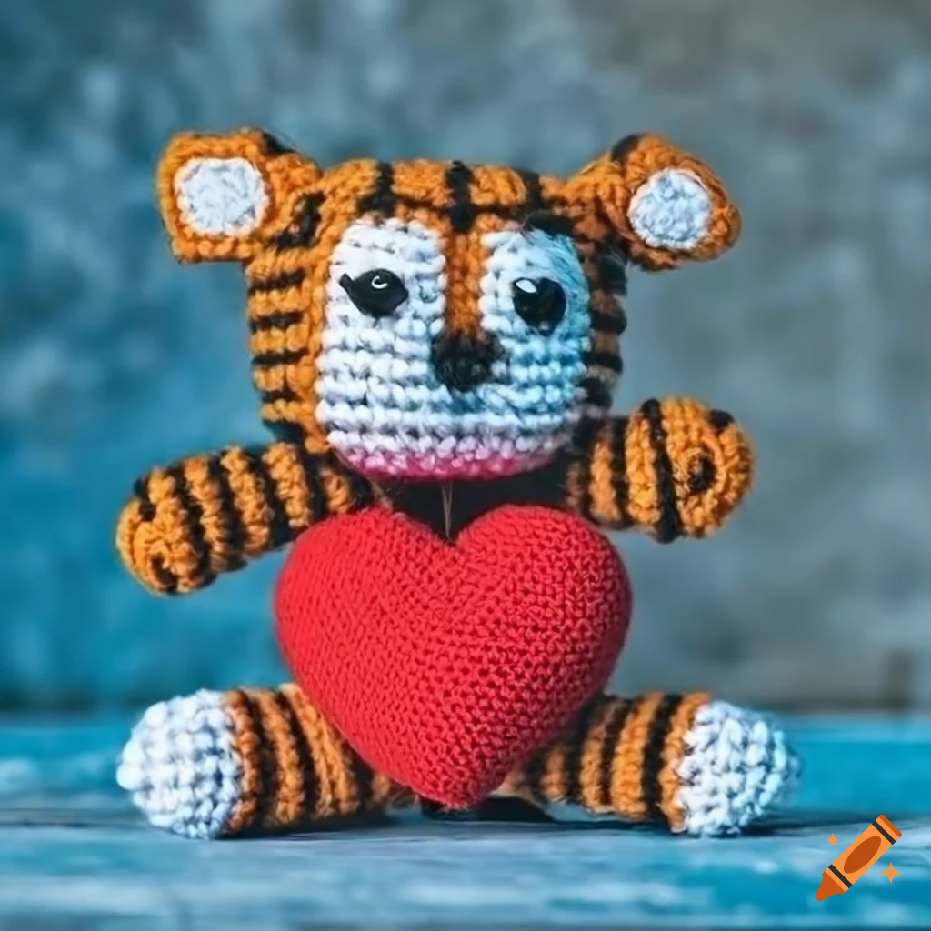 Fluffy Hobbes peluche amigurumi with a red heart on blue concrete background