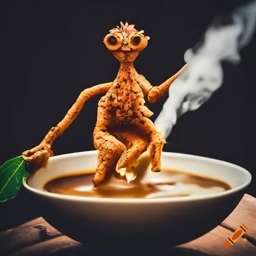 Playful mythical creature made of tea leaves on a cup of coffee