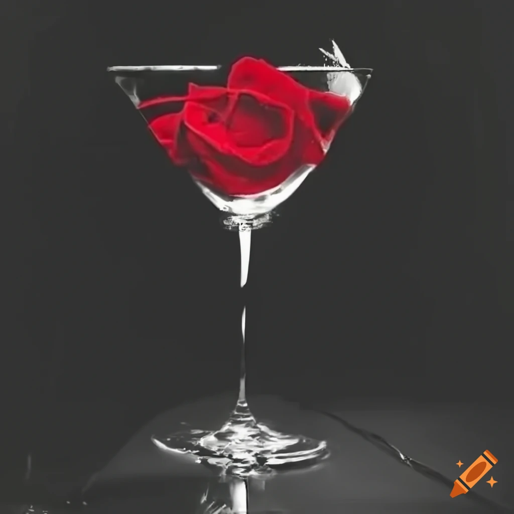 Film Noir style red rose in a broken martini glass