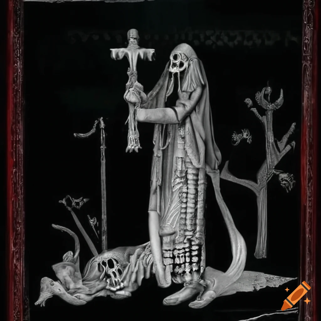 Gloomy medieval undead art in black and white style