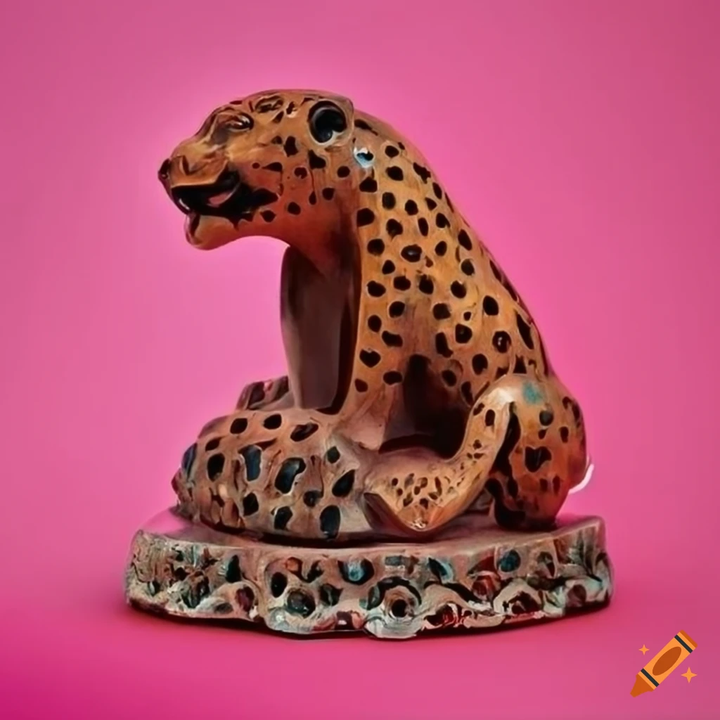 Wood carved jaguar on vivid pink background in Bali art style