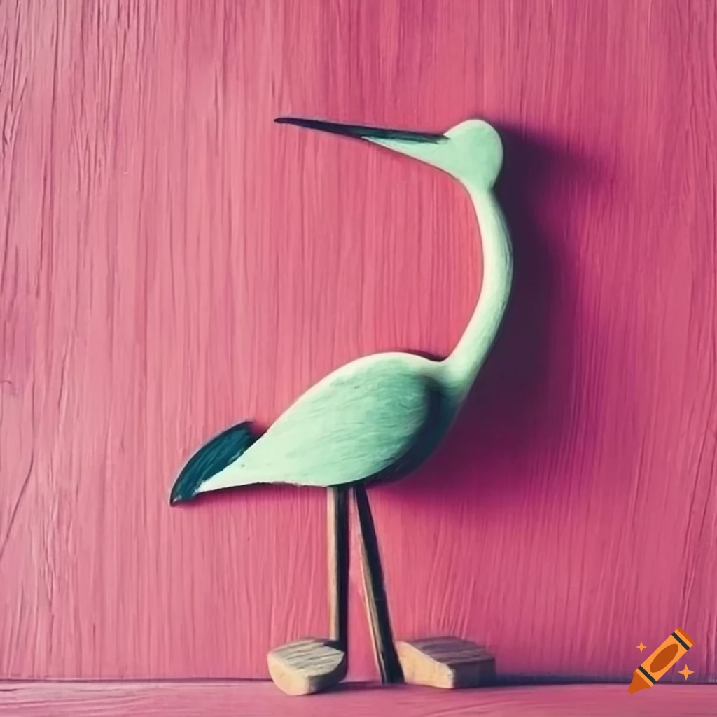 Wooden crane bird on pink background in primitive art style