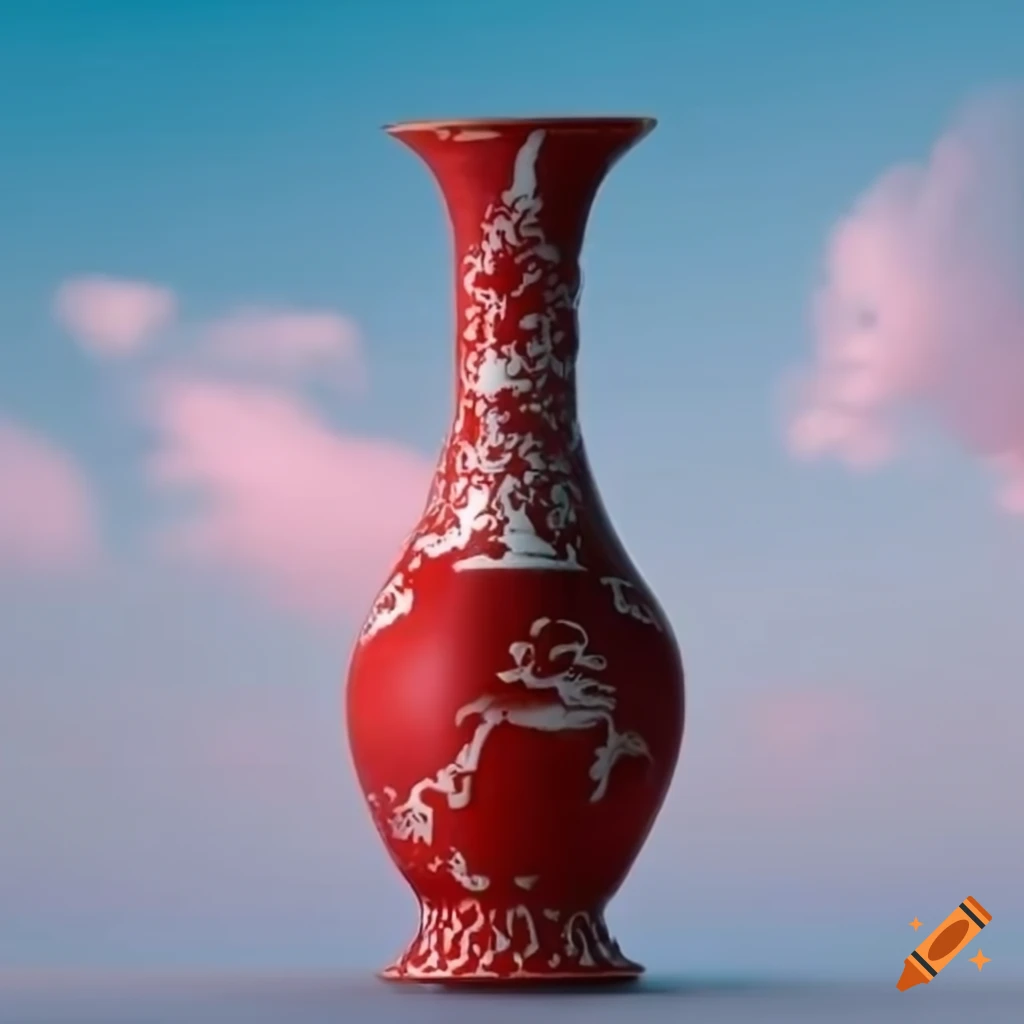 Chinese vase with skulllike red and white designs against a sky with