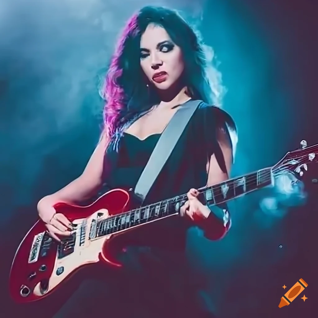 Female electric guitarist on stage with intense emotion and focus