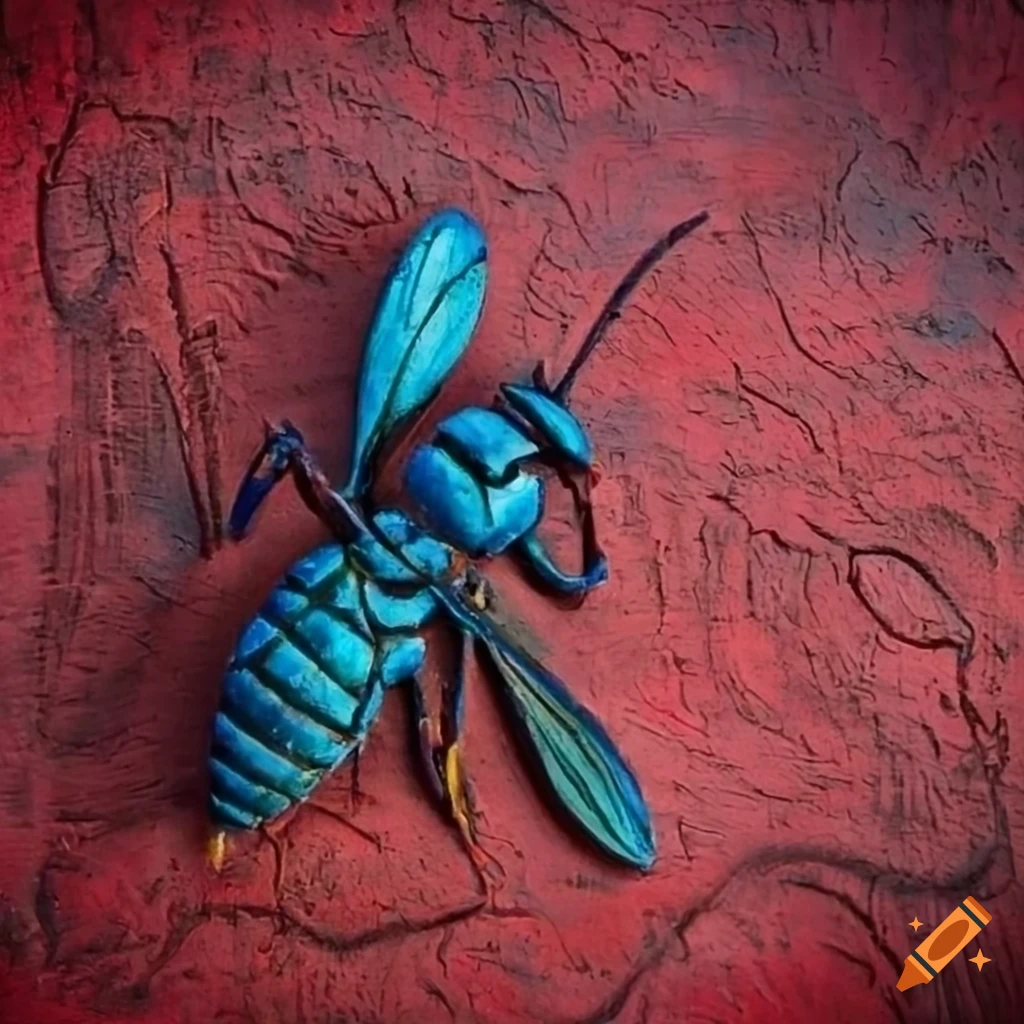 Blue wasp on red concrete waxed background