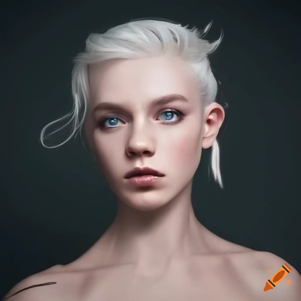 Non-binary person with white blonde hair, sharp features, and blue eyes ...
