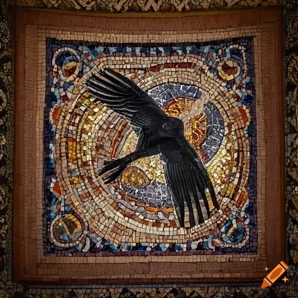 Intricately designed church mosaic with a flying crow