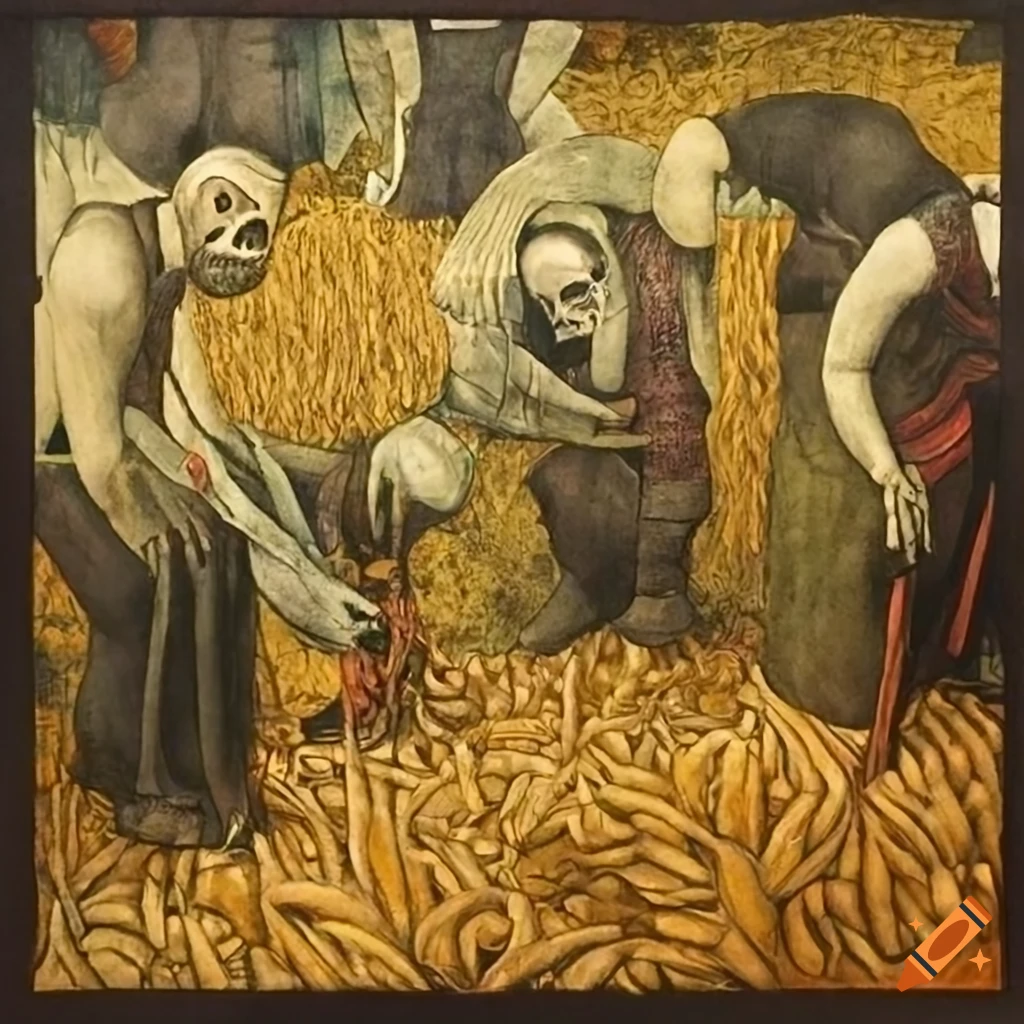 Santa Muerte Voodoo Loa figures harvesting a cornfield in a panoramic view