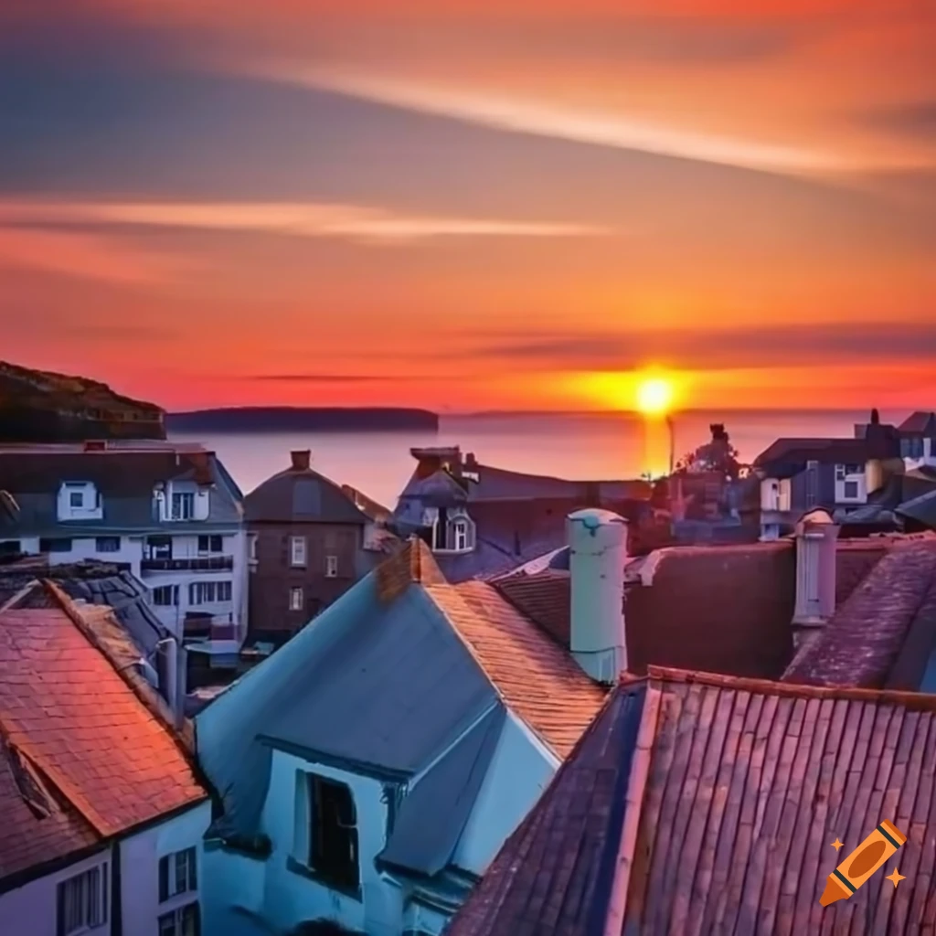 Colorful sunset over Cornish harbor village rooftops