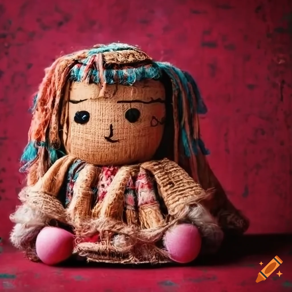 Colorful rag dolls on red pink concrete background