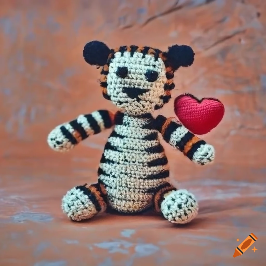 Fluffy Hobbes peluche vintage amigurumi with a big red heart on an orange waxed background