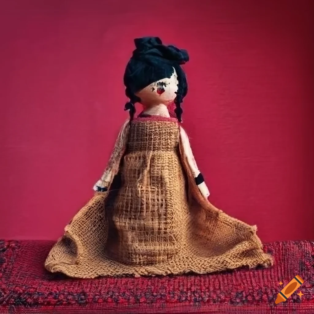 Vintage colorful ethnic tribal rag dolls on red pink concrete background