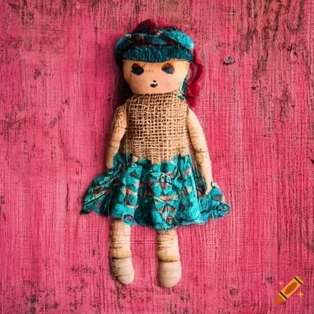 Colorful rag dolls on red pink concrete background