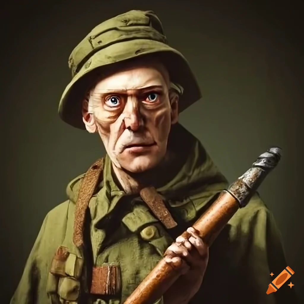 Wizard in a WW2 trench with a dieselpunk walking stick