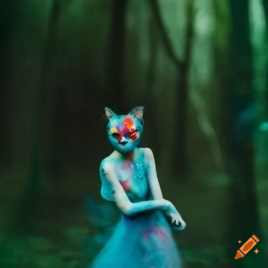 Cat-human in a colorful dark forest inspired by Hieronymus Bosch and Marc Chagall