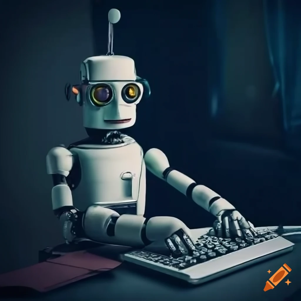Robot typing on a retro computer keyboard on Craiyon