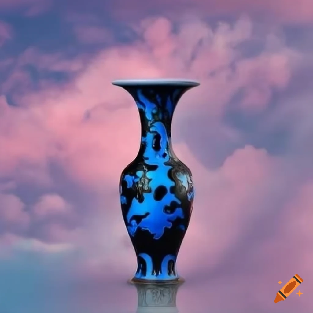 Elegant Chinese vase with electric blue and black designs against a blue sky with pink clouds