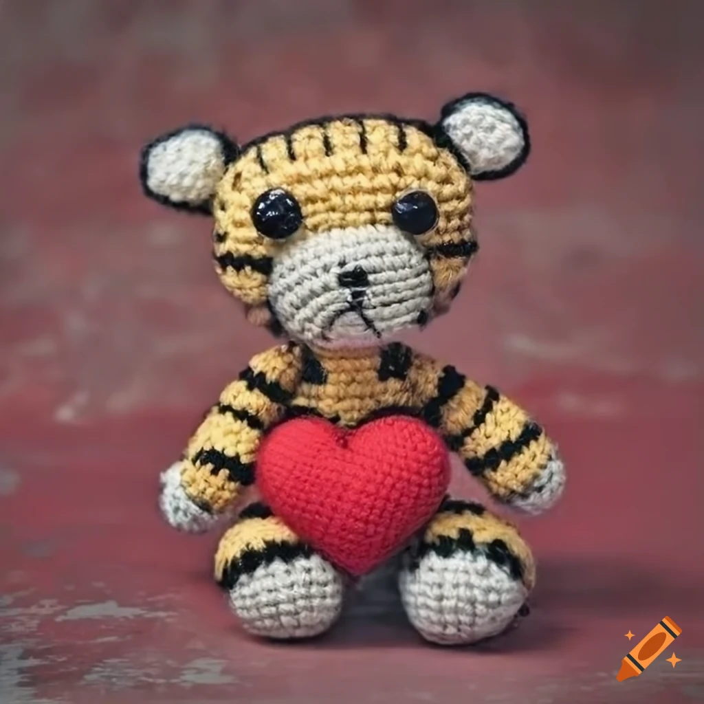 Fluffy Hobbes peluche amigurumi with red heart on concrete background