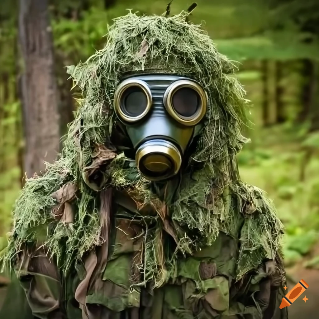 Gas mask with ghillie suit headpiece on Craiyon