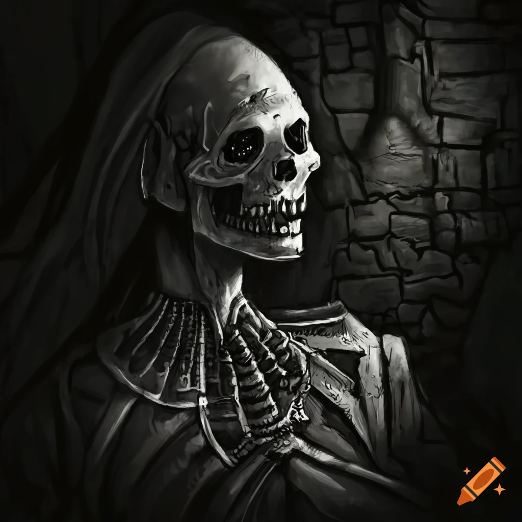 Medieval dungeon with undead creatures in black and white pencil drawing