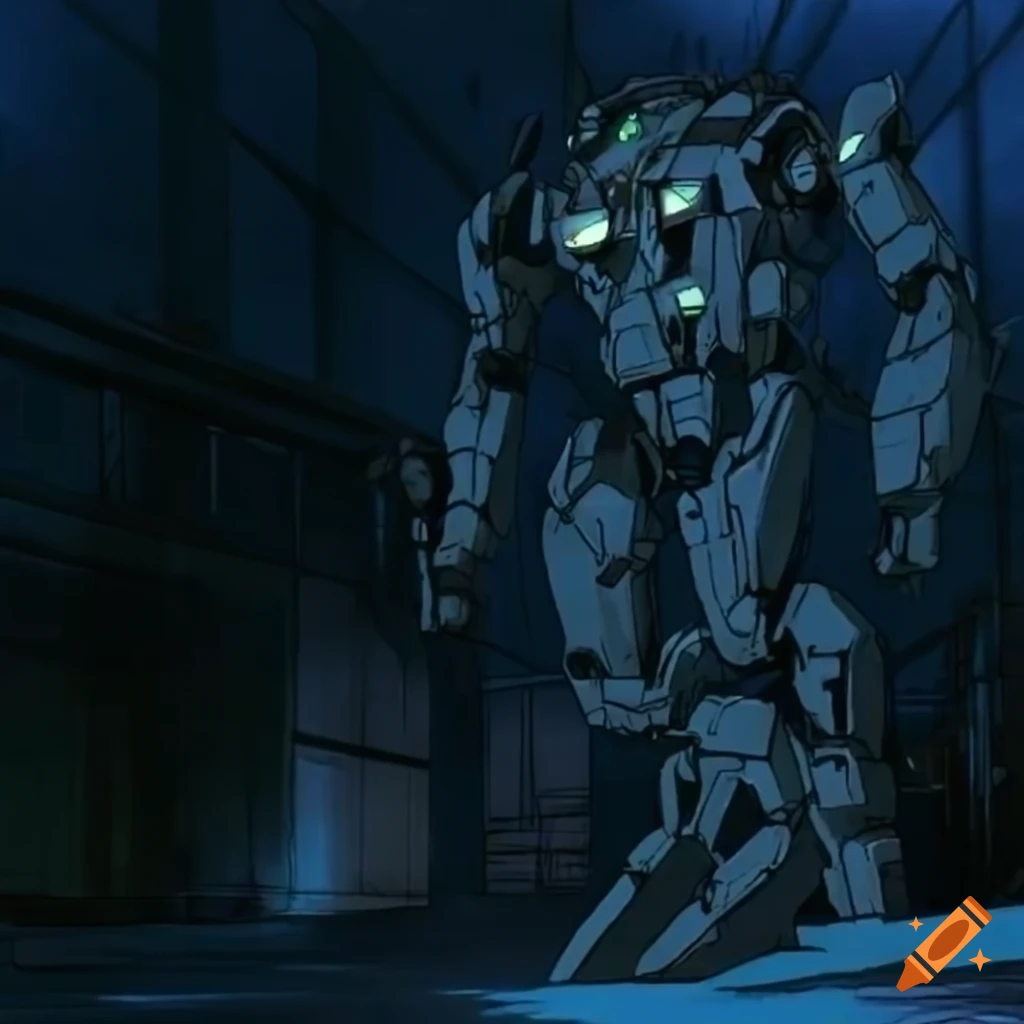 Chained mecha in warehouse with 90's anime style design