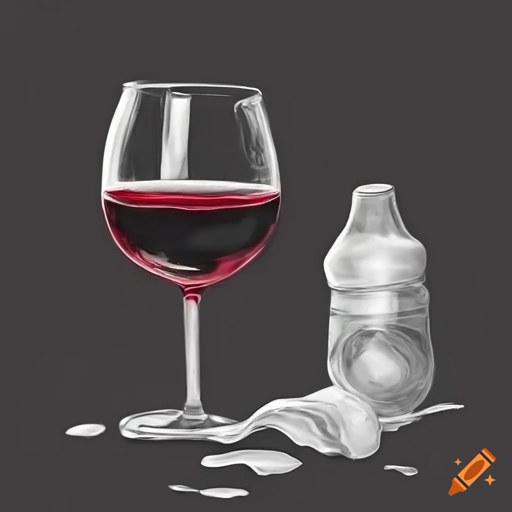 Glass of red wine next to spilled baby bottle