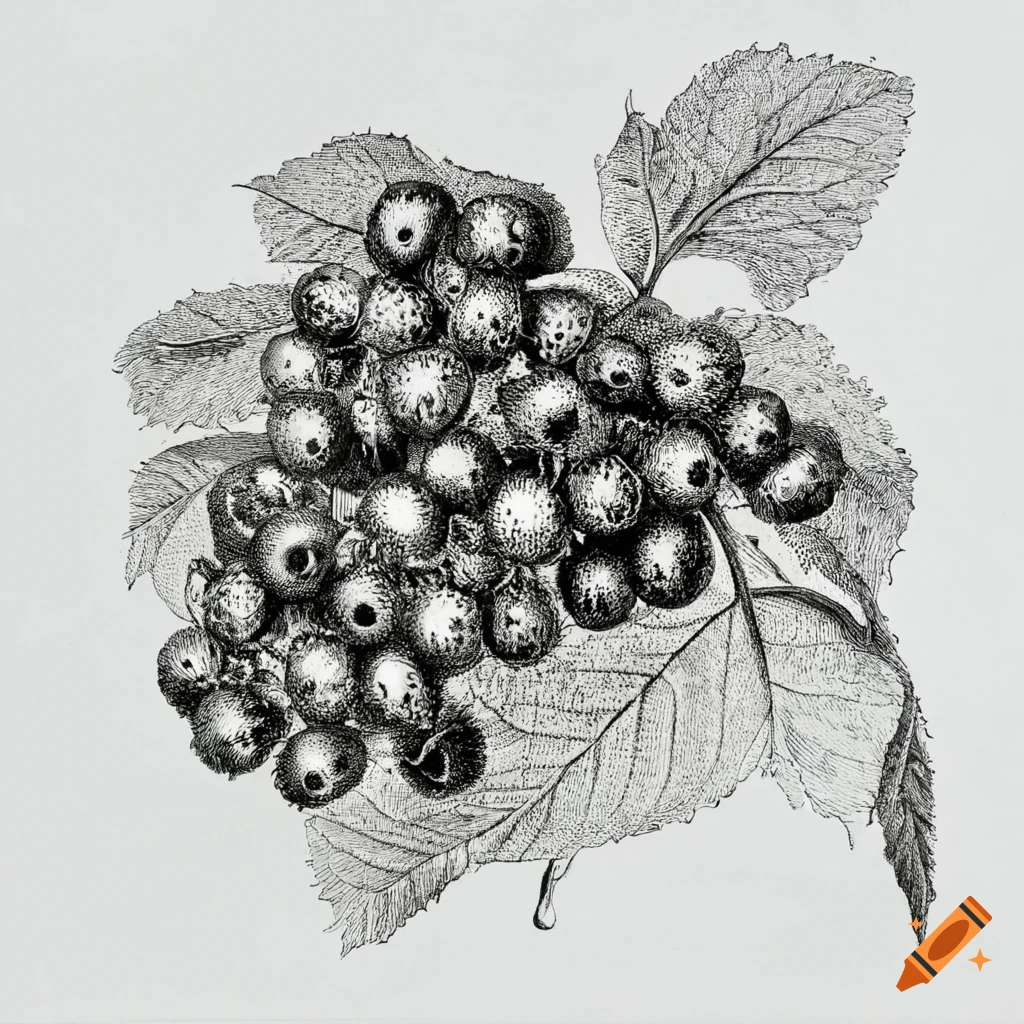Intricate vintage botanical drawing of Viburnum dentatum berries in black and white