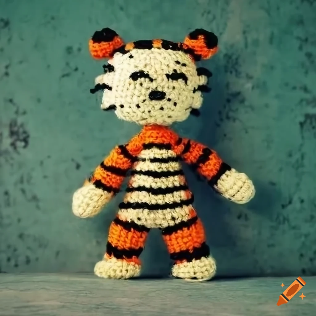 Fluffy Hobbes amigurumi crochet plush toy on a cement background