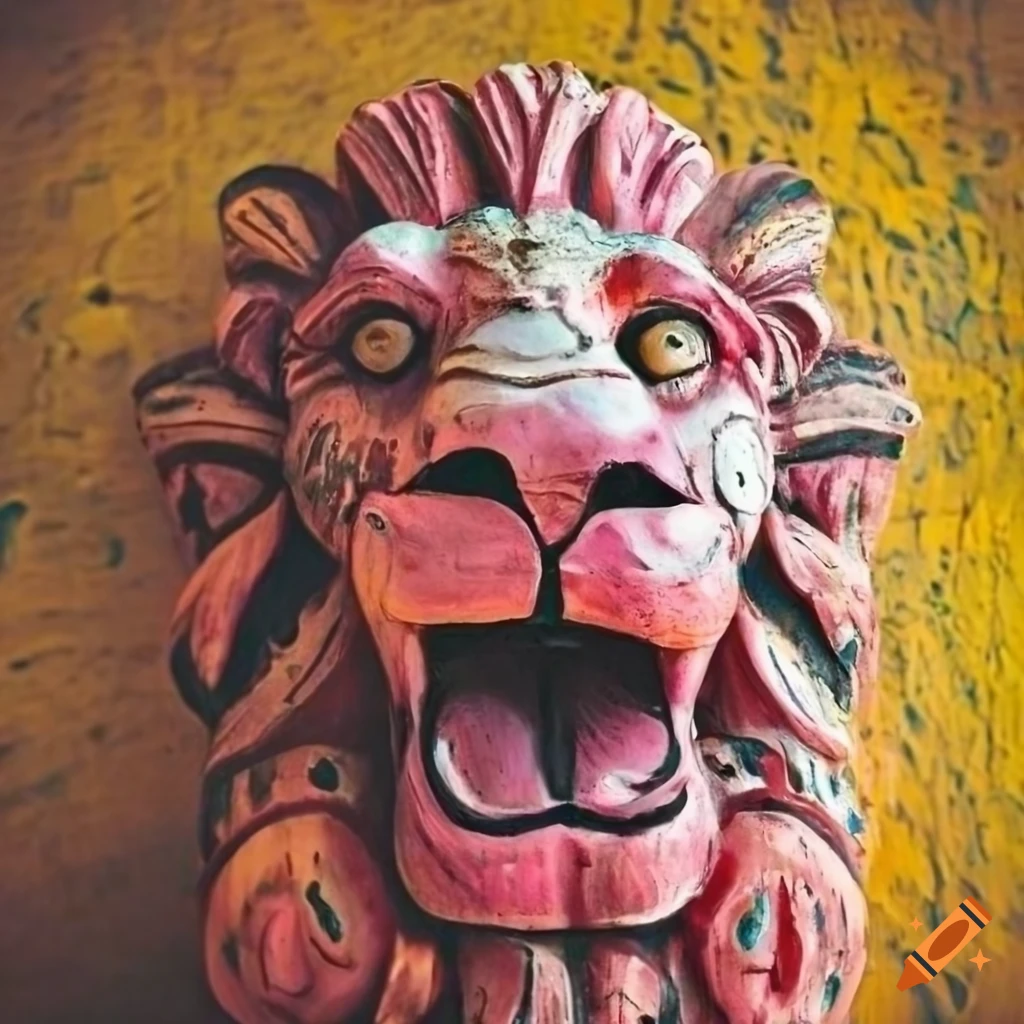 Pink lion on yellow waxed concrete background with tribal vintage art